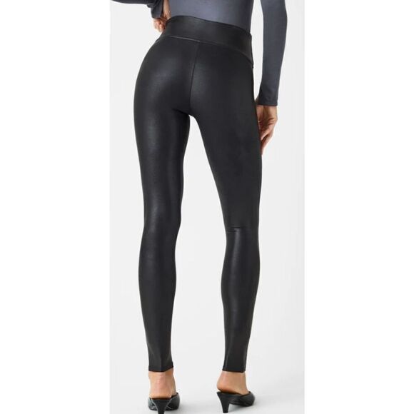 Faux Leather Leggings High Waist Smoothing Tummy Control Black - Picture 2 of 10